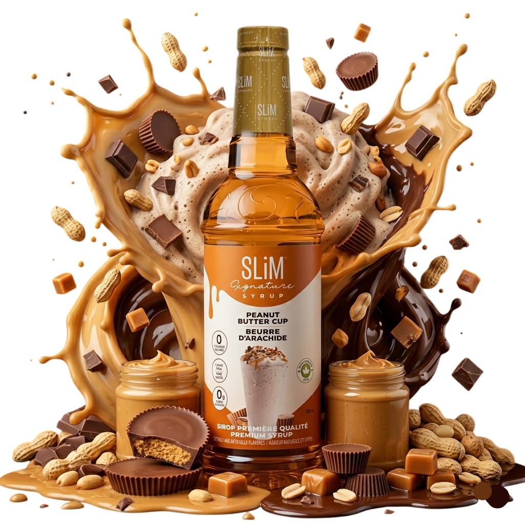 Slim Syrup bottle surrounded by peanut butter cups, peanuts, and chocolate on a white background
