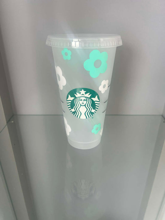 Starbucks Cup - Aqua & White Flowers